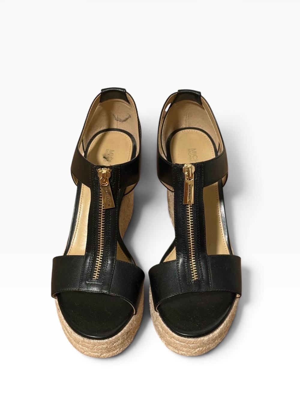 MICHAEL Michael Kors Black Leather Zip-Front Espadrille Wedge Sandals